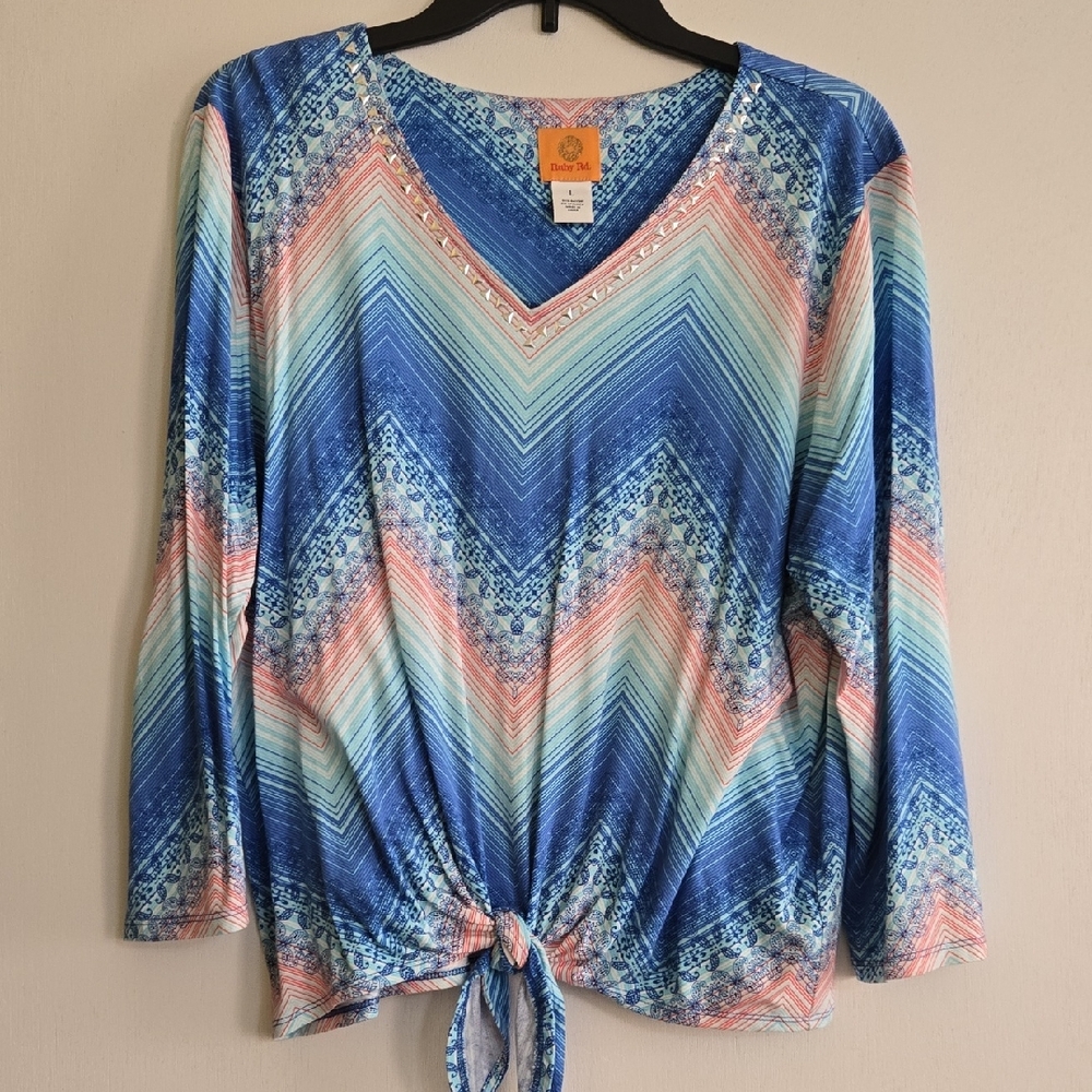 Ruby Rd. Blue and Pink Chevron Long Sleeve Top